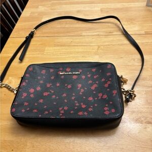 Michael Kors Black Crossbody Bag with Red Floral Pattern